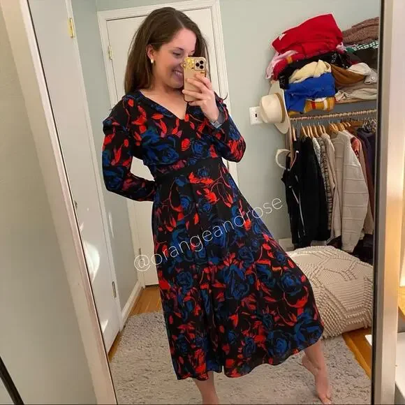 Hunter Bell New York Blue Red Black Floral V Neck Long Sleeve Maxi Dress Gown 2
